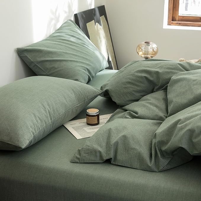 FOSSA Duvet Cover Set 100% Washed Cotton Linen Feel Super Soft Breathable Cozy Simple Style 3 Pieces Bedding Sets Solid Heathered Green Super King Plus