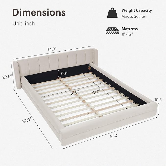 DEINPPA Queen Size Bed Frame with Cloud Soft Headboard, Chenille Upholstered Grounded Wood Base Bed Frame, No Box Spring Needed-Beige