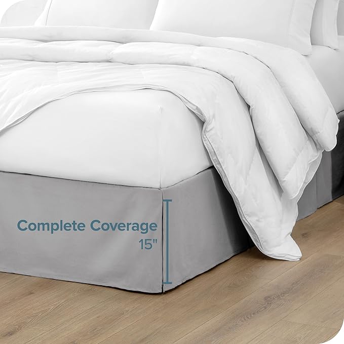 Bare Home Full Bed Skirt - 15-Inch Tailored Drop Easy Fit - Bed Skirt for Beds - Center & Corner Pleats (Full, Light Grey)