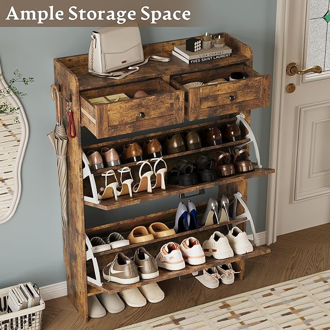 Shoe Storage Cabinet for Entryway, Farmhouse Narrow Shoe Cabinet with 2 Flip Drawers & Top Drawers, Adjustable Shelves & Hooks, Freestanding Hidden Rack Organizer for Hallway, Foyer