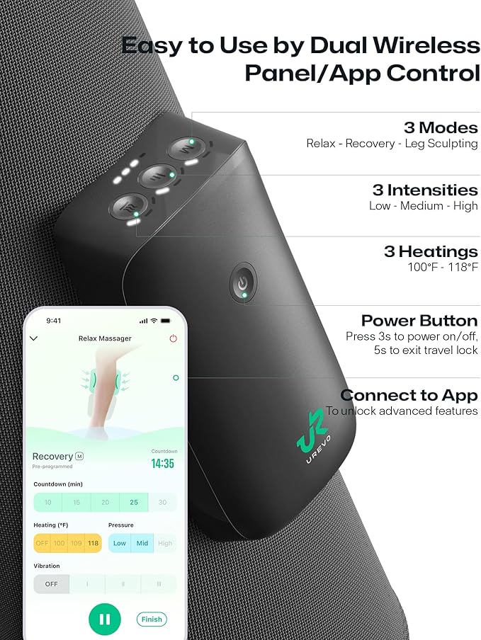 UREVO Smart Calf Massager with AI Massage Adaptation, Air Compression – Cordless Leg Massager for Circulation, Relaxation & Leg Sculpting – 3 Modes & 3 Intensities, Adjustable Heat, Long Battery