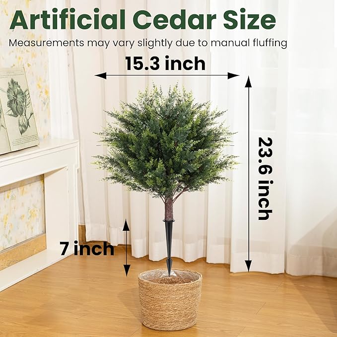 23.6" Artificial Topiary Cedar Trees with 4 Ground Stakes, Faux Outdoor Evergreen Shrubs, UV Resistant Fake Cedar Plants for Porch, Patio, Garden, Yard, Lawn, Landscape Decoration - 2 Pack