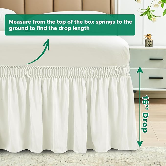 Biscaynebay Wrap Around Bed Skirts for Queen Beds 16" Drop, Ivory Adjustable Elastic Dust Ruffles Easy Fit Wrinkle & Fade Resistant Silky Luxurious Fabric Solid Machine Washable