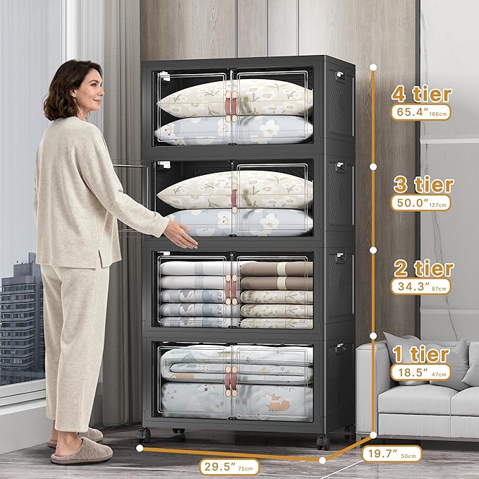 Extra Large Stackable Storage Bins with Lids & Wheels & Door, 640QT-160QT/40GAL*4Pack Foldable Collapsible Closet Organizers, Plastic containers drawers for bedroom Dorm