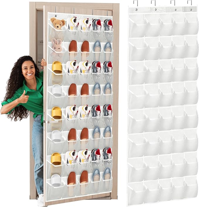 Over the Door Shoe Organizer, 40 Large Mesh Pockets Hanging Shoe Rack Organizer for Closet Behind The Door Storage Holder for Entryway Bedroom Dorm White