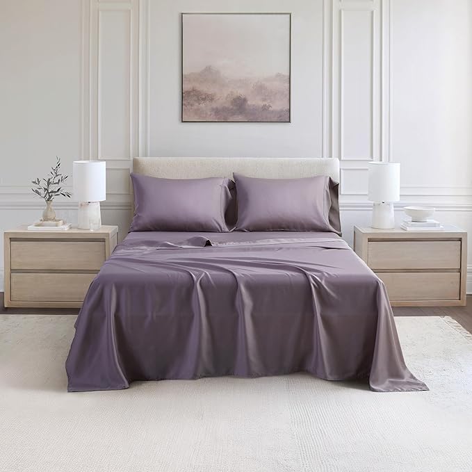 Queen Sheets, Rayon Derived from Bamboo, Cooling Bed Sheets Set,Deep Pocket Up to 16", 4 Pieces Silky Soft, Breathable Bedding Sheets & Pillowcases(Dusty Purple,Queen)
