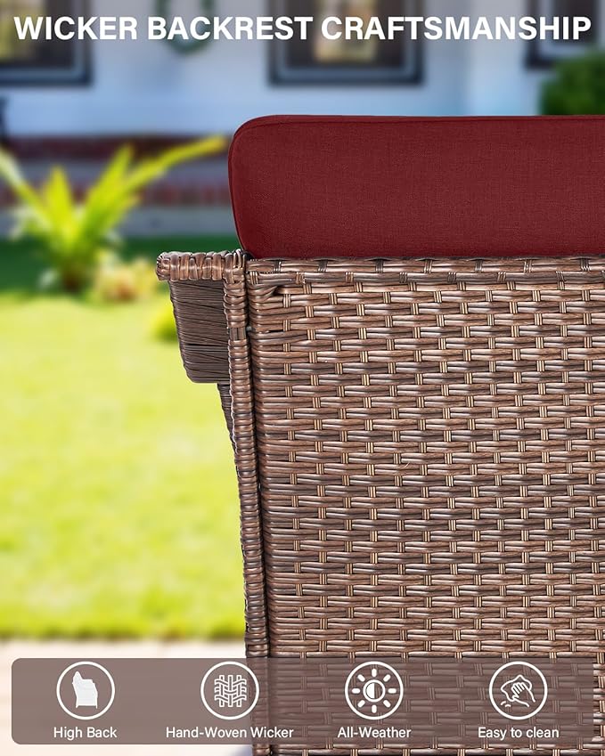 Belord Luxury Wicker Patio Furniture Set with 41” Fire Pit Table - Swivel Rocker Glider Outdoor Chairs with Sofa and Glass Top Side Table, All-Weather Removable 6" Red Seat Cushion for Patio Evenings