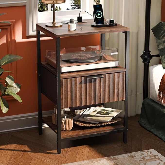 VINGLI Nightstands Set of 2, Walnut Nightstand with Charging Station, Night Stands Fluted Fabric Drawer, Bedside Tables/End Tables with Charger Station, Side Table Bedroom, Small Night Stand