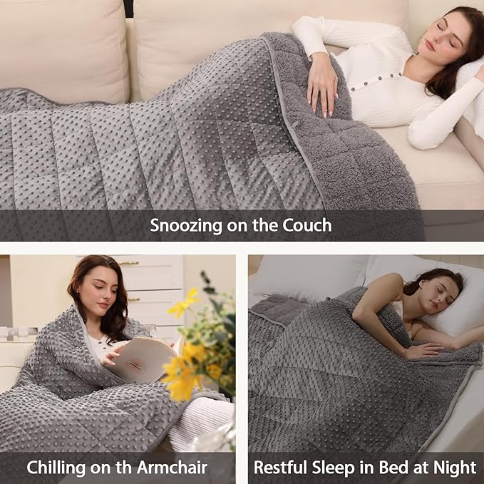 Minky Dot Weighted Blanket for Adults Queen Size 20 lbs, Soft Cozy Heavy Blanket for Stress Relief and Sleep Promotion, Warm Blanket for Autumn Winter with Glass Beads, Grey 60 x 80 inches