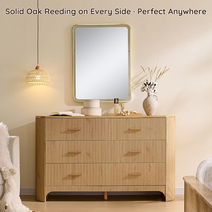 Fluted 6 Drawer Dresser for Bedroom with Curved Profile Design, 53.9 Inch Wide Chest of Drawers, Smooth Glide Storage Cabinet for Living Room, Natural Oak