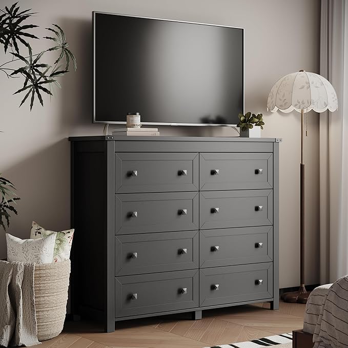 Dresser for Bedroom with 8 Drawers, Farmhouse Wood Chest of Drawers, Wide TV Stand Closet Storage Furniture with Metal Handle, Modern Clothes Organizer for Hallway, Living Room, Entryway, Black