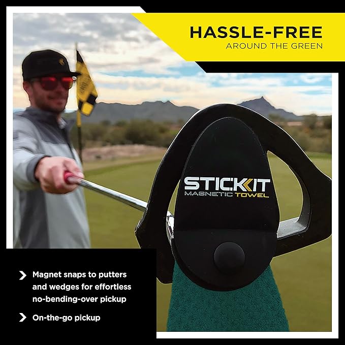 STICKIT Magnetic Golf Towel, Green, Premium 29" Microfiber with Deep Waffle Pockets, Industrial Strength Magnet for Secure Hold to Golf Carts & Clubs, Ultra-Absorbent, Fast-Drying, Easy-Clean Design