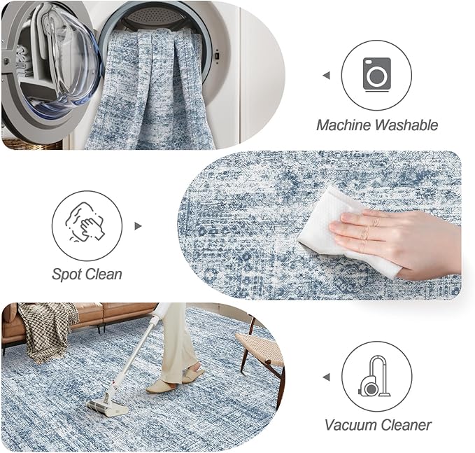 9x12 Area Rugs for Living Room, Non Slip Machine Washable Vintage Rugs, Low Pile Lightweight Large Rug for Bedroom, Dining Room, Home Office Blue