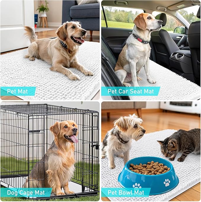 OLANLY Dog Door Mat for Muddy Paws 48x30, Absorbs Moisture and Dirt, Absorbent Non-Slip Washable Doormat, Quick Dry Chenille Mud Mat for Dogs, Entry Indoor Entryway Carpet for Inside Floor, White