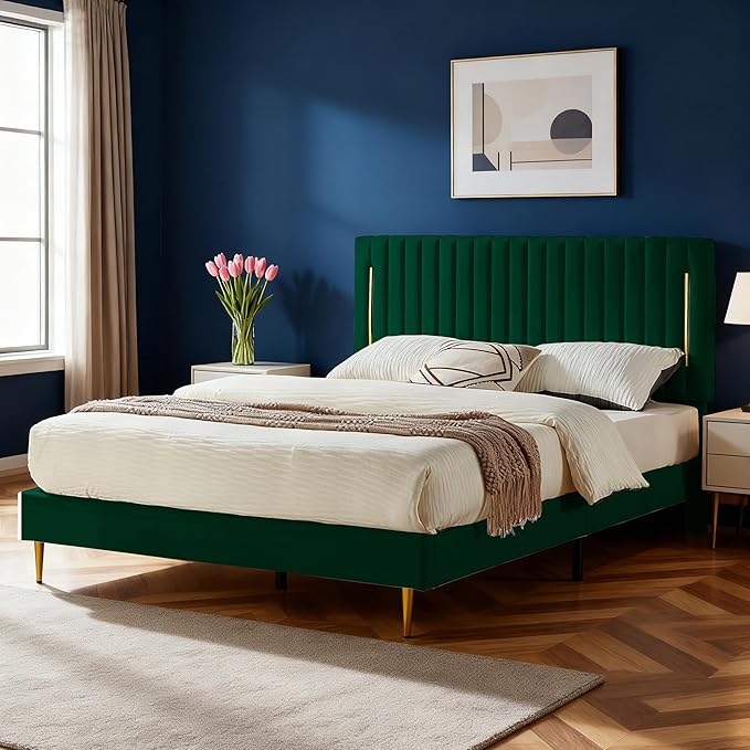Queen Platform Bed Frame, Velvet Upholstered Bedframe with Vertical Channel Adjustable Headboard, Golden Plating Trim, Mattress Foundation with Wooden Slats, No Box Spring Needed, Green