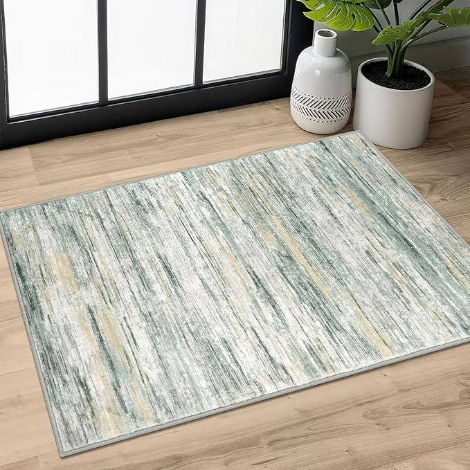 2x3 Modern Abstract Rug for Entryway, Green Yellow Super Soft Small Area Rug, Washable Non-Slip Kitchen Rugs, Low-Pile Mat for Bedside, Indoor Door Mat