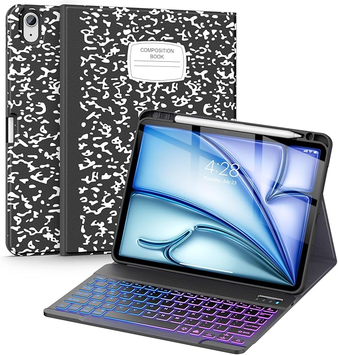 Supveco Keyboard Case for iPad Air 11 Inch (M3 2025,M2 2024),iPad Air 5th/4th Generation with Pencil Holder-7 Colors Backlit Wireless Detachable Folio Keyboard Cover with Soft TPU Back-Black