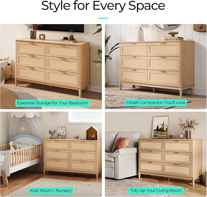 LINSY Rattan 6 Drawer Dresser for Bedroom, 54" Wide Mid-Century Modern Tall Chest of Drawers, Deep Storage Dresser with Curved Corner Design, Large Accent Wood Cabinet for Bedroom, Oak