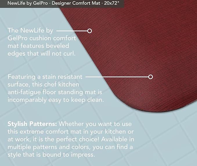 GelPro Designer Comfort Ergo-Foam Cushioned Anti-Fatigue Standing Kitchen Floor Mat, Padded Stain-Resistant, Waterproof, Non-Slip Comfort Padded Desk/Office Mat - 20" x 72", Grasscloth Crimson
