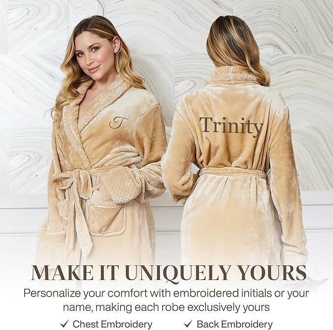 Lotus Linen Plush Robes for Women - Soft Bathrobe, Custom Monogram, Warm Fleece Robe with Pockets