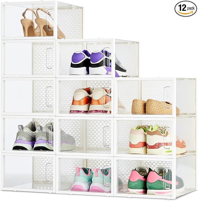 Amazon Basics Stackable and Foldable Clear Shoe Storage Organizer Box, Medium, Pack of 12