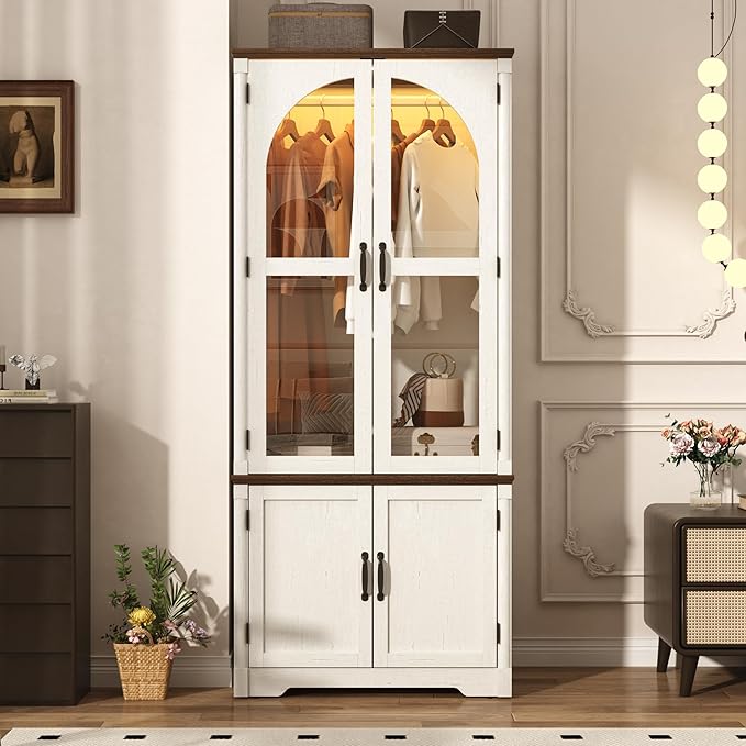 Tall Farmhouse 2 Doors Armoire Wardrobe Closet with LED ,72" Freestanding Arched Wardrobe Closet Cabinet for Bedroom w Glass Doors,Wooden Clothing Storage Cabinet,Closets for Bedroom(White)