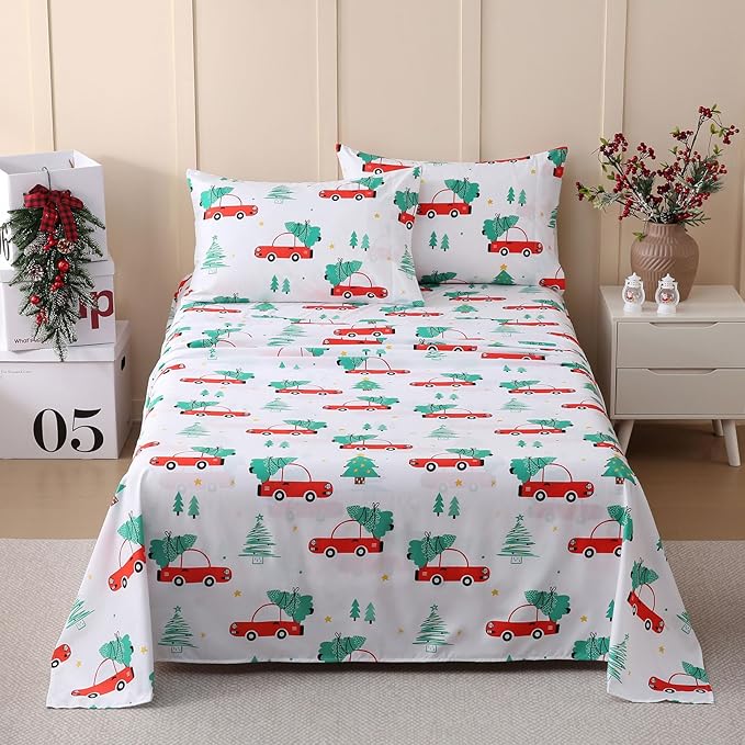 JSD Red Cars Christmas Kids Sheet Set Full Size, 4 Piece Soft Holiday Printed Microfiber Bed Sheets Deep Pocket