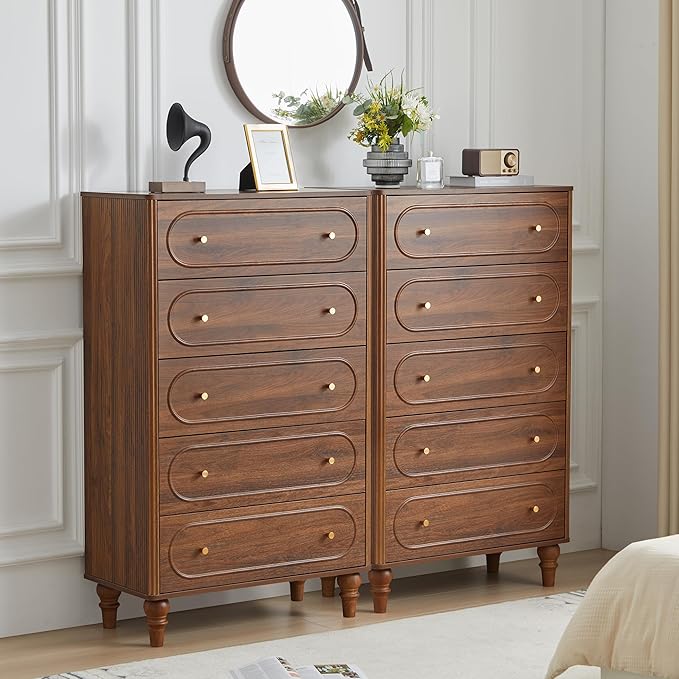 5 Drawer Fluted Dresser for Bedroom, Mid Century Modern Chest of Drawers, Wood Storage Large Dresser Organizer for Bedroom Living Room Hallway Closet, Walnut