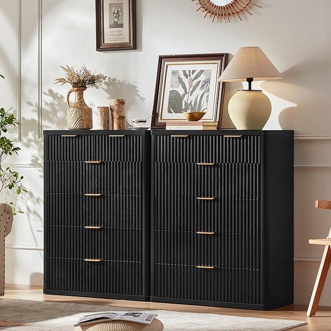 LEYAOYAO Fluted 6 Drawers Dresser for Bedroom, 42" Tall Modern Chest of Drawers with Metal Handle, Curved Profile Design,Black Wood Drawer Organizer for Bedroom, Living Room, Hallway, Entryway