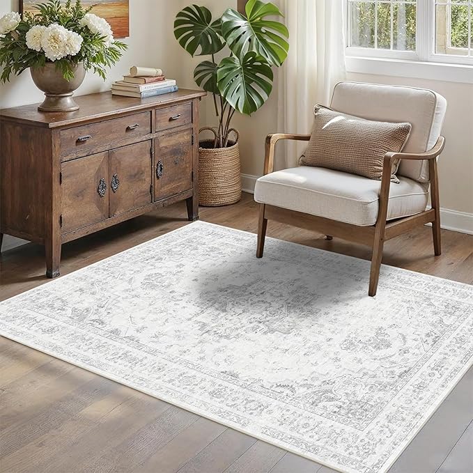 3x5 Vintage Washable Area Rugs Boho Medallion Large Distressed Retro Accent Carpet Floral Non-Slip Soft Low Pile Indoor Throw Rug for Living Room Bedroom Dining Room Office Kitchen, Gray