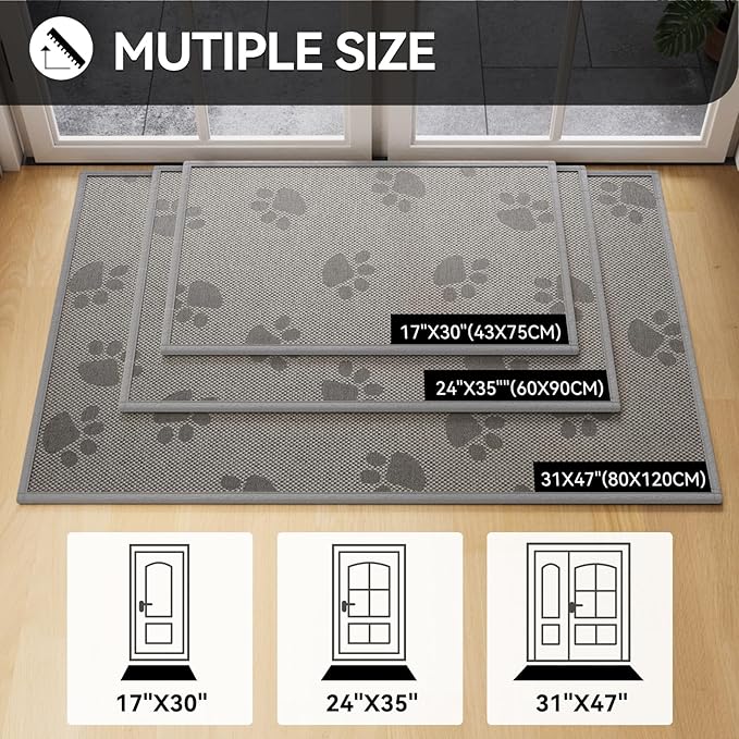 Door Mat Indoor Entrance 24"x35", 0.16" Thin Paw Print Low Pile Doormat, Non Slip Welcome Mat, Trap Dirt and Moisture, Easy Clean, Gray