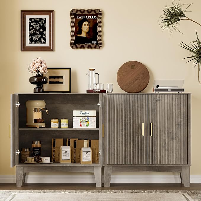 Storage Cabinet with Doors and Adjustable Shelf, Modern Fluted Sideboard Buffet Cabinet, Freestanding Coffee Bar for Kitchen, Pantry, Entryway, Living Room (Weathered Gray)