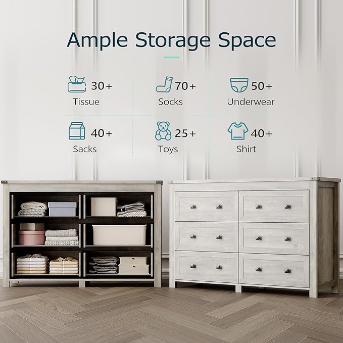 Dresser for Bedroom with 6 Drawers, Farmhouse Wood Chest of Drawers, Wide TV Stand Closet Storage Furniture with Metal Handle, Modern Clothes Organizer for Hallway, Living Room, Entryway, Light Grey