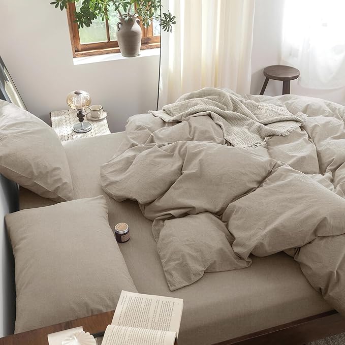 FOSSA Duvet Cover Set 100% Washed Cotton Linen Feel Super Soft Breathable Cozy 3 Pieces Bedding Sets Solid Tannish Linen Grey Super King