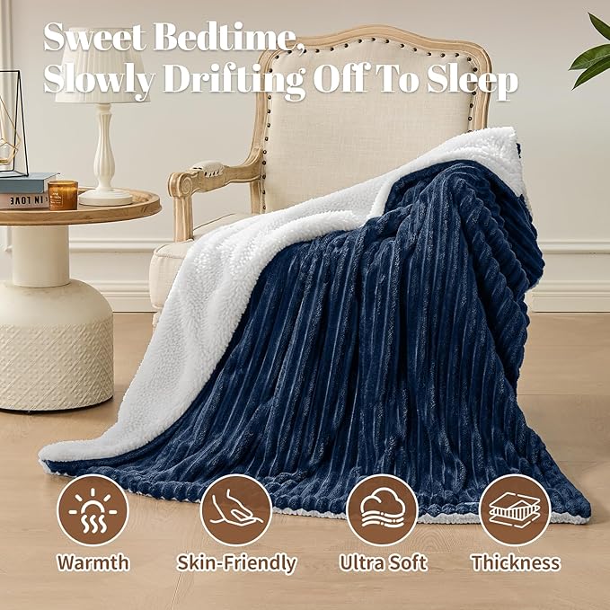 Electric Heated Blanket Twin Size - 62"x84" Fast Heating Bed Blankets with 6 Heating Levels & 10 Hours Auto Off, Soft Ribbed Flannel Sherpa, Over-Heated Protection ETL, Navy Blue