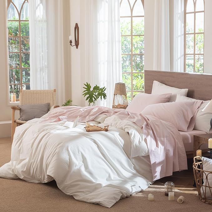 MooMee Bedding Sheet Set 100% Washed Cotton Linen Like Textured Breathable Durable Soft Comfy (Heathered Greyish Pink, Full)