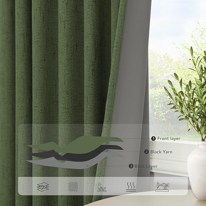 Pitalk Olive Green Blackout Curtains 63 Inch Length 2 Panel for Boys Bedroom Kids Nursery Decorative Linen Room Darkening Grass Forest Green Curtains Sound Draft Cold Heat Light Blocking Retro Vintage