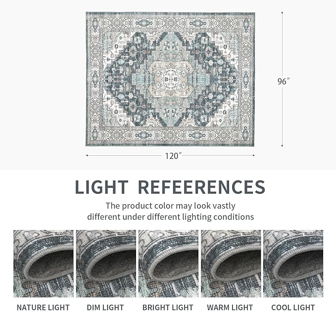 8x10 Vintage Washable Area Rug for Living Room,Low Pile Non Slip Carpet Non-Shedding Large Area Rug Soft Indoor Stain Resistant Rug Boho Print Mat for Bedroom Dining Room Blue Beige Multi