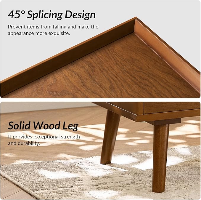 HULALA HOME 2 Drawer End Table with Pull-Out Shelf, Mid-Century Modern End Table with Wood Legs, Wood Side Table with Charging Station(Acorn)