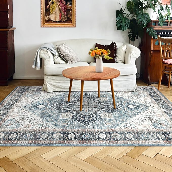 Runner Rug 2×6, Vintage Boho Rug,Ultra-Soft Low Pile, Washable, Non Slip,Stain Resistant Printed Carpet for Hallway Kitchen Living Room Bedrooms Playroom Office, Blue/Navy
