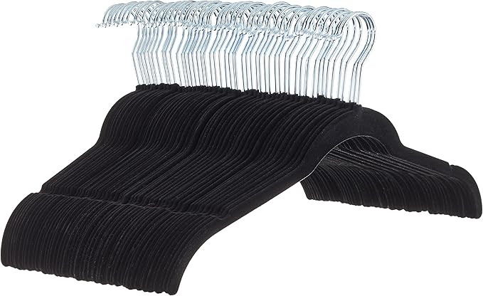 Amazon Basics Non-Slip Shirt Clothes Hangers Velvet, Space-Saving Slim, Sturdy, Black, Pack of 50
