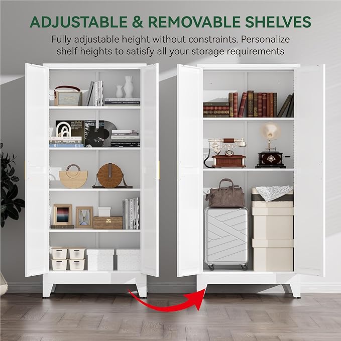 Farmhouse Pantry Cabinet,71" H x 31.5" W,Metal Cabinet with Adjustable Shelves and Barn Doors,5-Tier Storage Cabinet for Kitchen Dining Room Garage,White