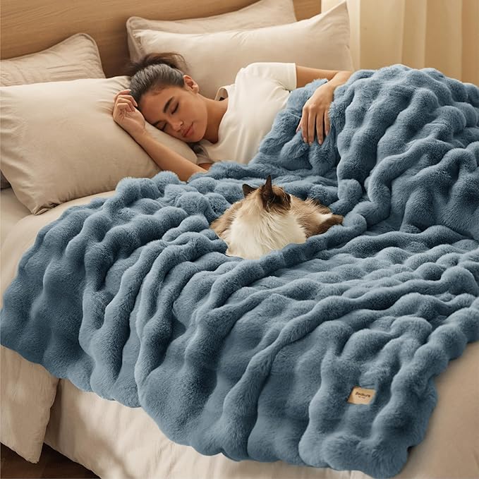 Bedsure GentleSoft Fluffy Faux Fur Throw Blanket for Couch, Soft Fuzzy Bubble Blanket Home Decor Gifts for Bedroom Living Room, Thick Warm Furry Cozy Gifts for Women, Greyish Blue, 50x60 Inch
