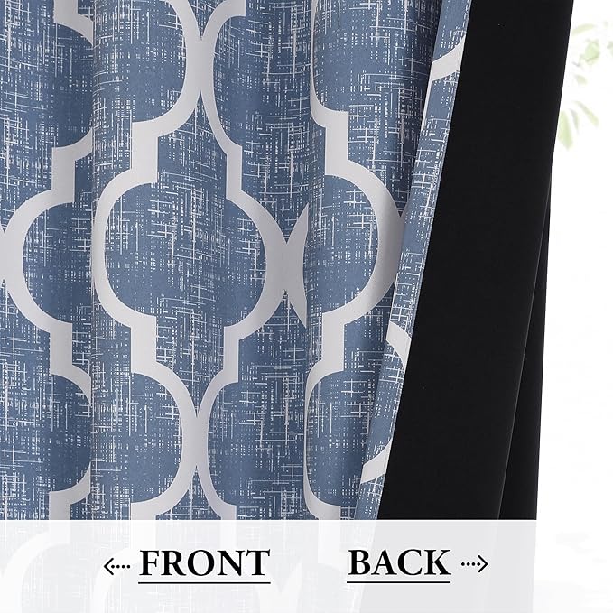 Beauoop 100% Blackout Curtains 96 Inches Long 2 Panels for Bedroom Living Room Blue Moroccan Geo Room Darkening Thermal Insulated Soundproof Rod Pocket Back Tab Window Treatments Drapes, 50x96