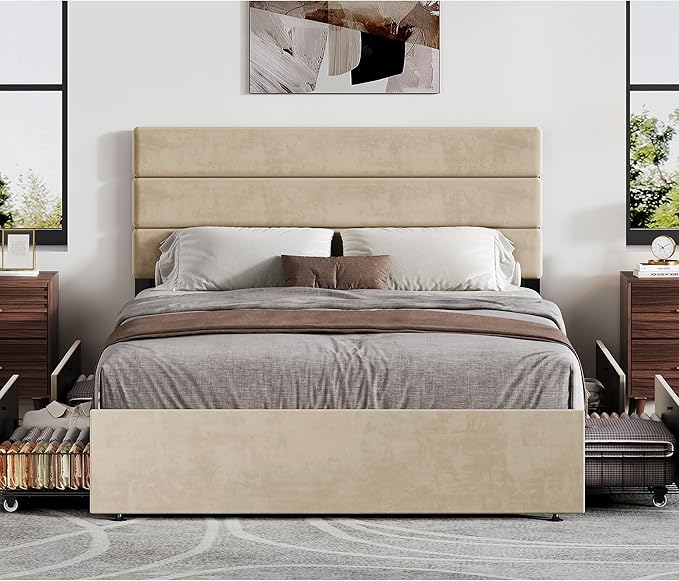 WLIVE Full Size Upholstered Bed Frame with 4 Storage Drawers and Headboard, Velvet Platform Bedframe, Sturdy Metal & Wooden Slats Support, No Box Spring Needed, Easy Assembly, Beige