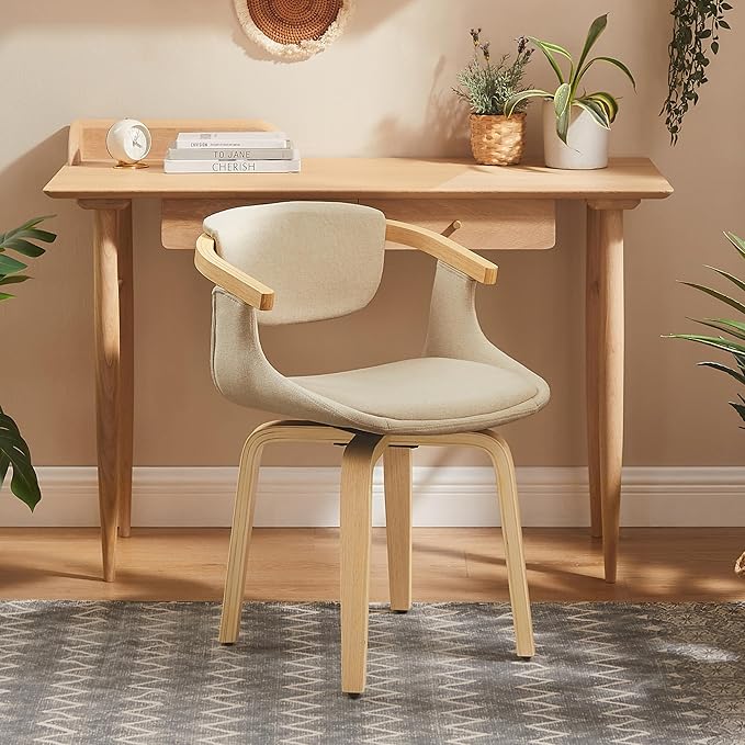 Art Leon Desk Chair No Wheels - Mid Century Modern Swivel Accent Chair, Fabric Upholstered Home Office Desk Chair for Small Spaces Living Room Bedroom, Off White