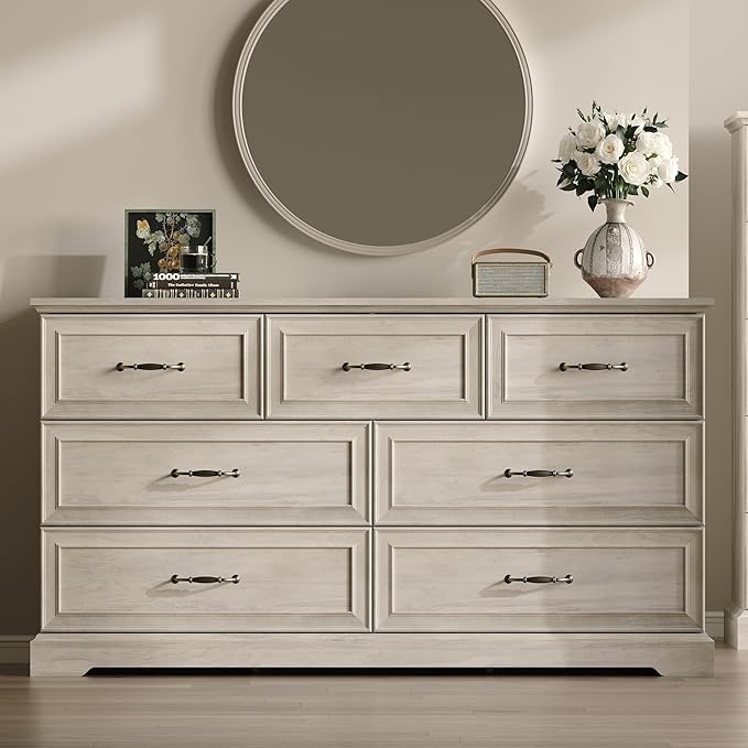Farmhouse 7 Drawers Dresser for Bedroom, 57" Wide Modern Chest of Drawers with Deep Drawers & Bar Handles, Rustic Wood Dresser TV Stand, Wooden Closet Storage Organizer for Living Room, Hallway, Grey