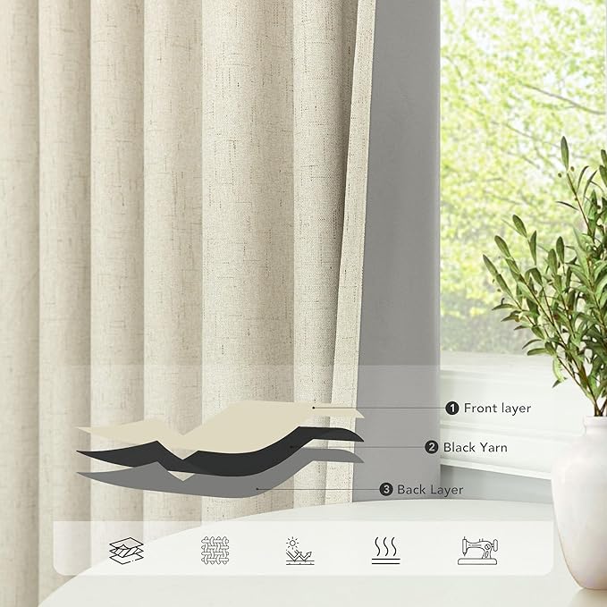 Pitalk Living Room Curtains Ideas Modern Black Out Curtains for Bedroom Windows Treatments 84 Heat & Cold Blocking Drapes for Sliding Glass Door Back Tab 2 Panels Cottage Linen Textured Cream Beige