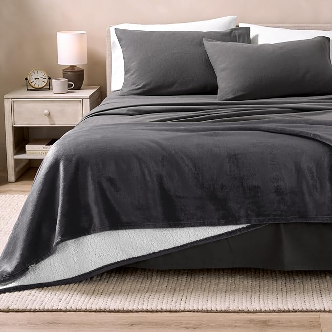 Bare Home Sherpa Fleece Blanket - King Size - Blanket for Bed, Sofa, and Couch - Warm & Lightweight - Fluffy & Soft - Reversible (King, Forged Iron Grey)