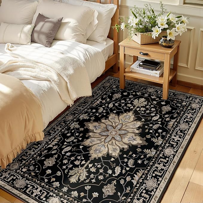 Area Rugs 3'x5' Washable Non-Slip, Floral Vintage Distress Print Pattern Medallion Carpet for Living Room Bedroom Dining Room, Black Brown Neutral Dark Tan